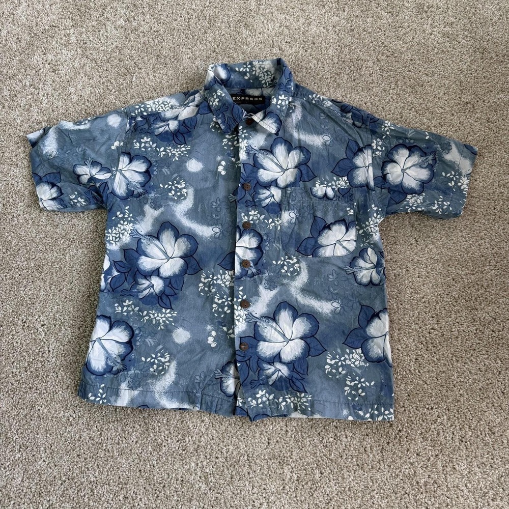 Vintage Express Shirt Boy 8-10 Blue Floral Hawaiian Short Sleeve Button Up Aloha